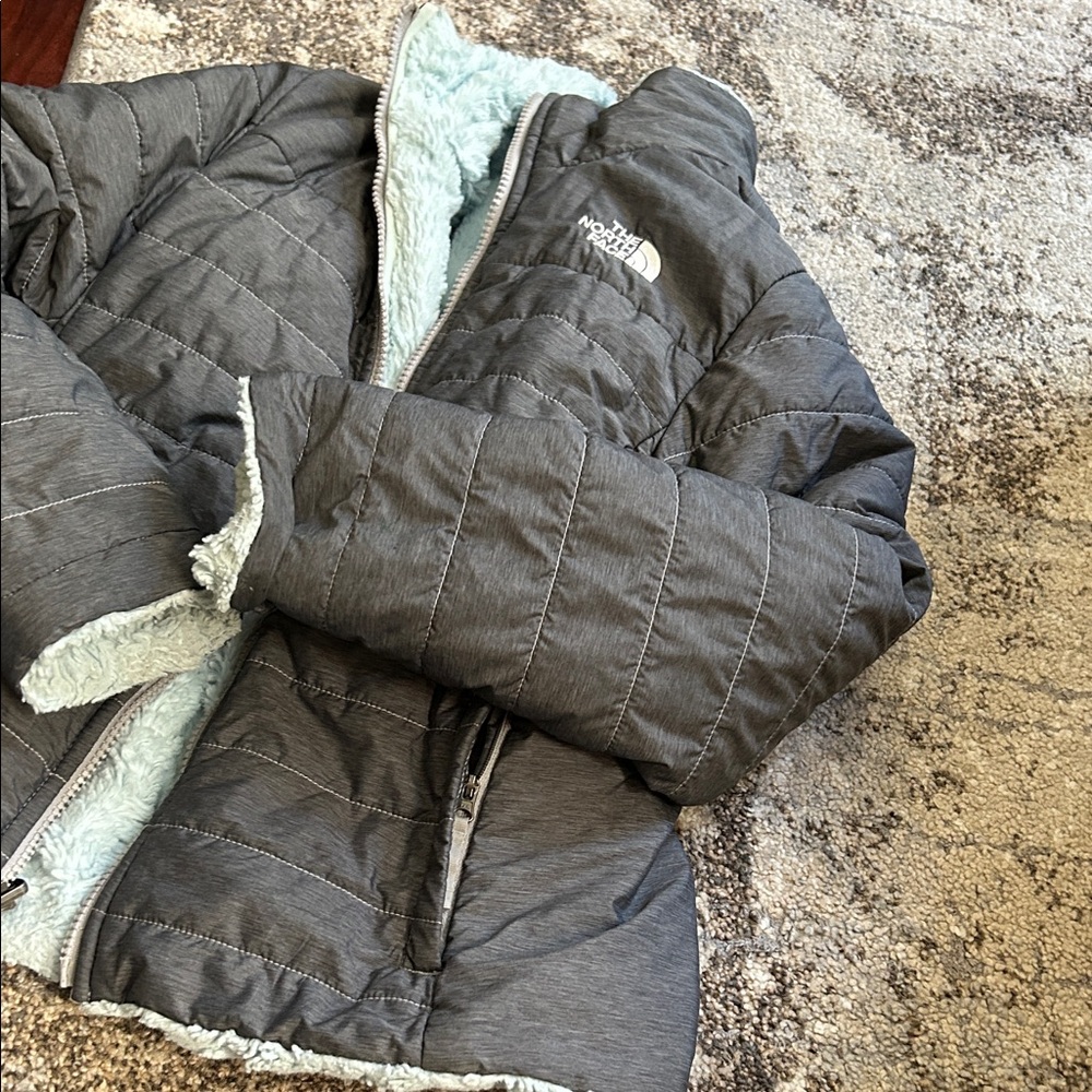 The North Face Gray Quilted Jacket with Light Blue Sherpa Lining